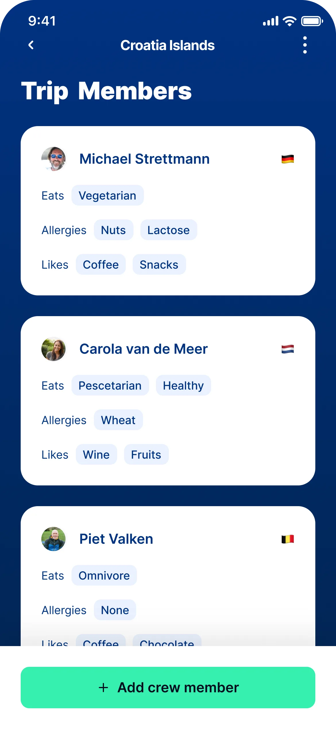 TripCart crew preferences screen