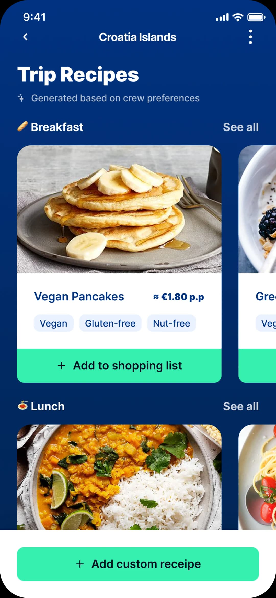 TripCart meal plan screen