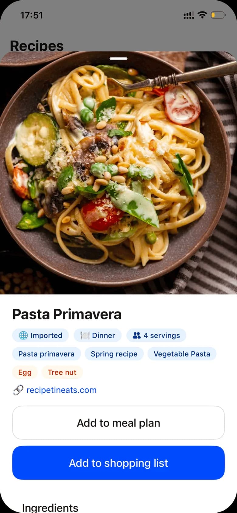 TripCart recipe import screen