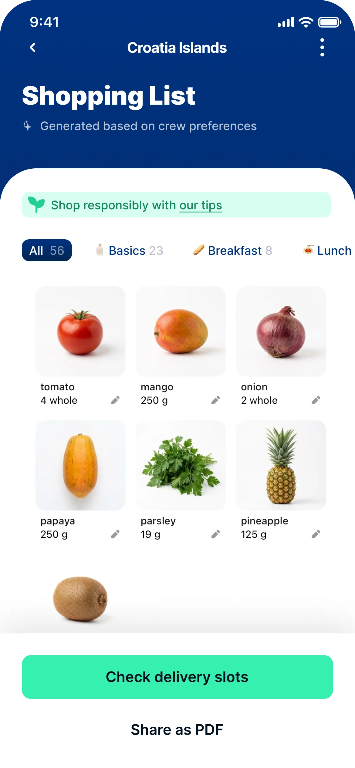 TripCart shopping list screen